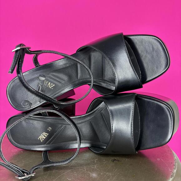 Zara Black Chunky High Heeled Platform Sandal Sz 39 - Picture 7 of 8
